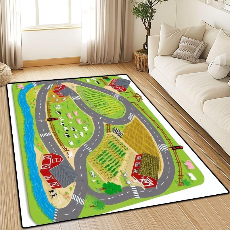 Kids Cartoon Animal Play Mat Game Carpet Elephant Lion Giraffe Educational Road Traffic Rug for Playroom Bedroom Non-Slip Carpet