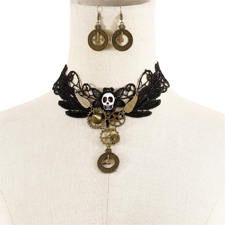 Gotisches Vampir Schmuckset Spitze Choker Halskette Zahnrad Uhr Ohrringe Halloween Piraten Kostüm Zubehör Set für Damen