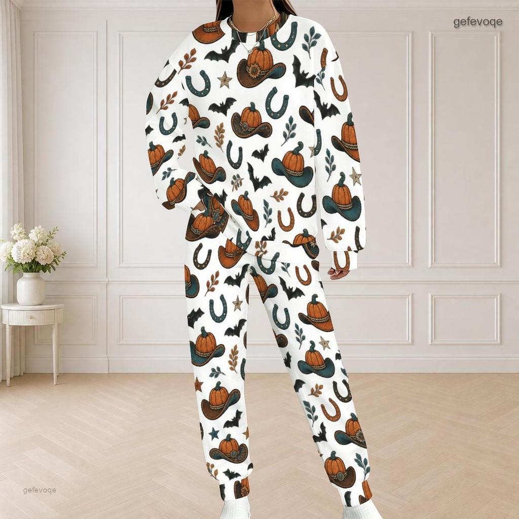 Women Plus Size Round Neck Long Sleeve Halloween Cactus Print White Two Piece Loungewear Set
