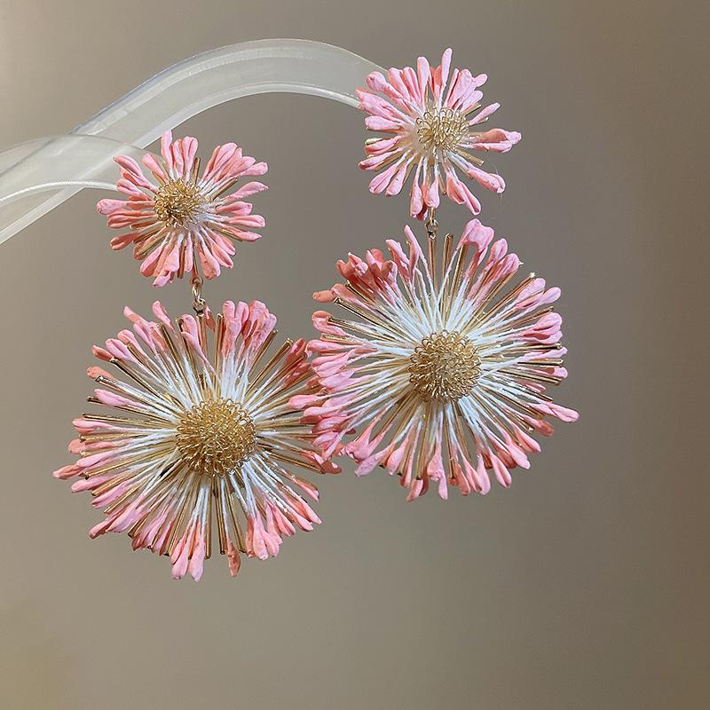 Pink Yarn Mesh Flowers Tassel Dangle Earrings for Women Sweet Girly Imitation Pearl Pendientes Fairy Lolita Party Ear Decoration