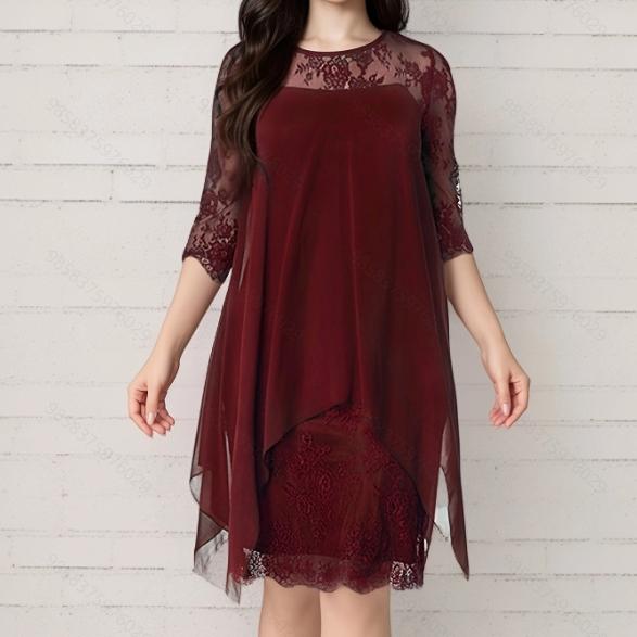 

GMXIA Весна Лето Элегантный Ветер Кружевная Вставка Рукав Семь Восьмых Шифон Миди XXXL бордовый