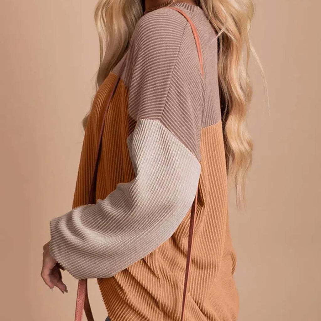 Womens Fashion Color Block Long Sleeve Crewneck Knitted Casual Loose Pullover Shirts Tops Sweatshirt T-Shirt