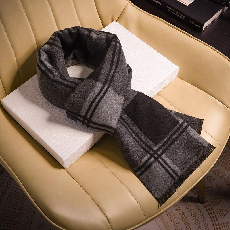 Men's wool scarves, winter, autumn and winter, thickened and warm, versatile plaid striped scarves, high-end gifts.