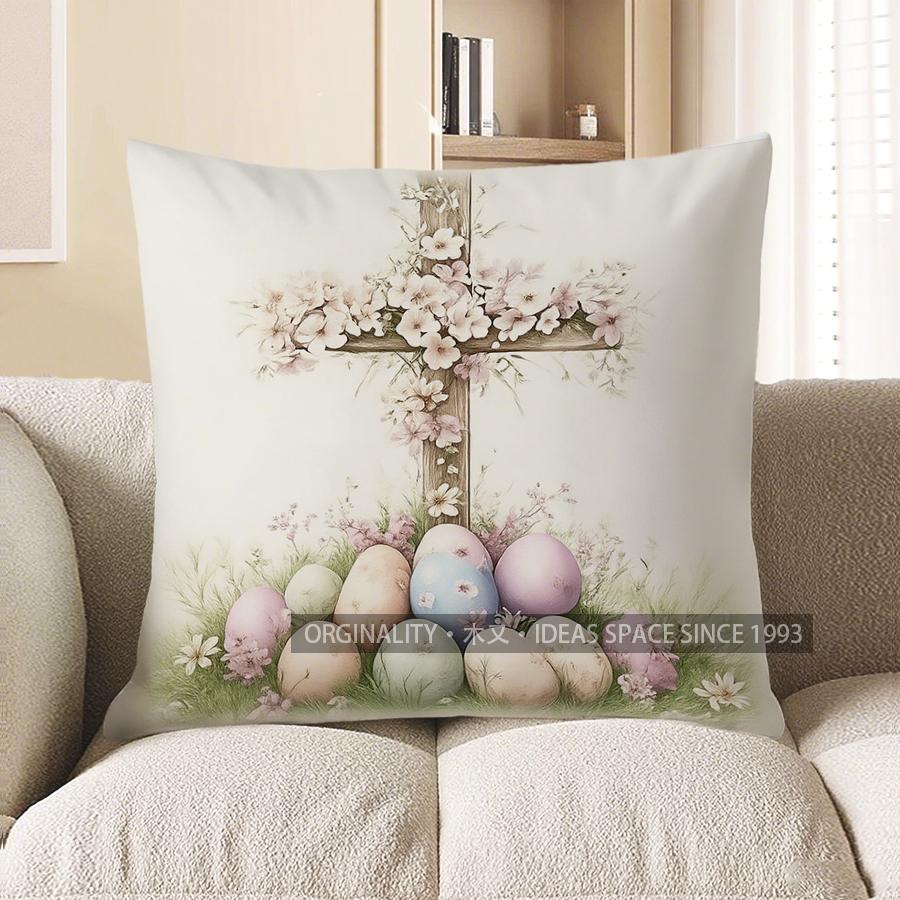 Home Decor Pink Easter Truck With Eggs And Flowers Pattern Cushion Cover Suitable For Sofa Bedroom Car Pillow Cover