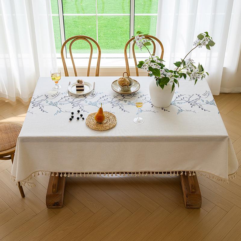 Rectangle Embroidered Tassel Tablecloth American Waterproof Floral Dining Table Cloth Home Decor Tea Table Dustproof Table Towel