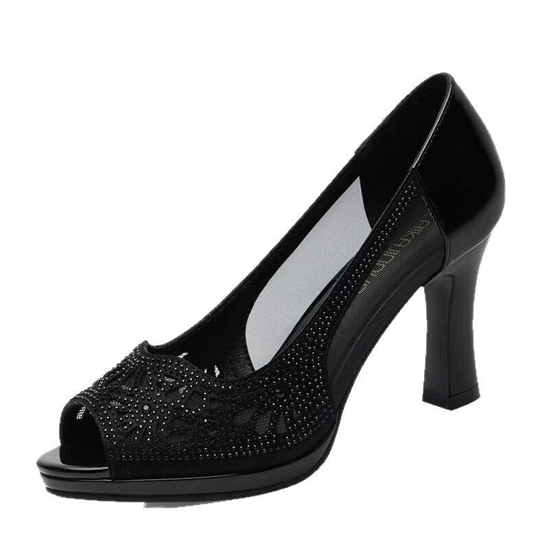 Dámské sandály s rybím ústím a síťovinou, vysoké podpatky, silný podpatek, letní novinka 2025, voděodolná platforma, dámské boty, módní, korejská verze, univerzální, jednoduché boty