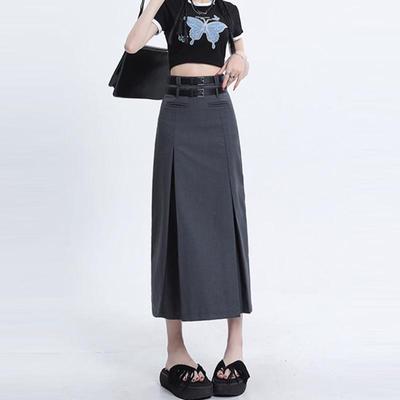 High Waist Midi Skirt for Women Autumn Casual A-line Pleated Long Skirt Grey Black Fashion Korean Style Clothing Female Y2k
