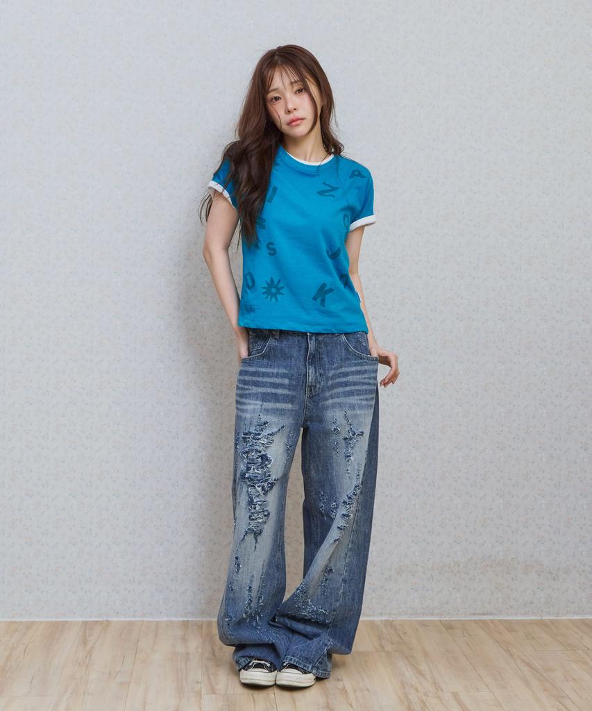 KIJIKO Ke404. Typo Semi Crop Tee Blue