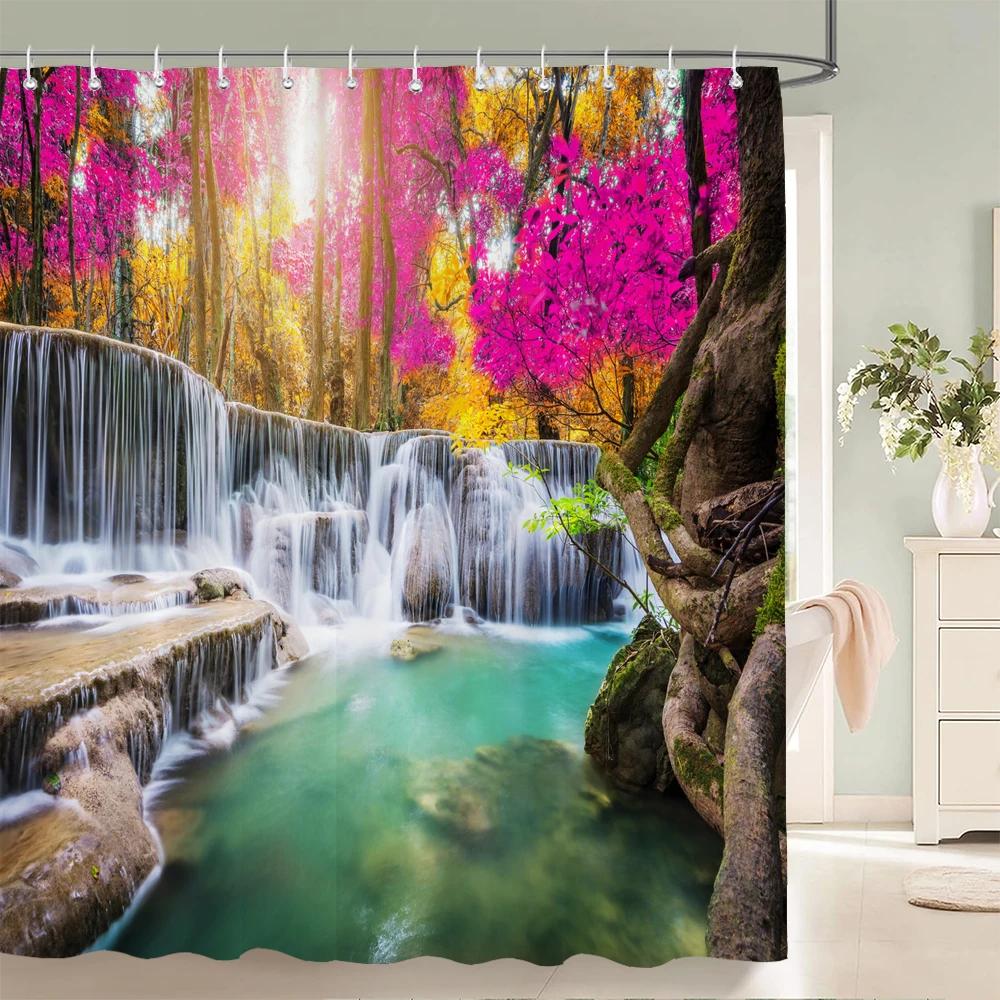 Nature Forest Waterfall 3D Shower Curtain landscape Bathroom Curtains Waterproof Fabric With Hooks Home Decoration Bath Curtain