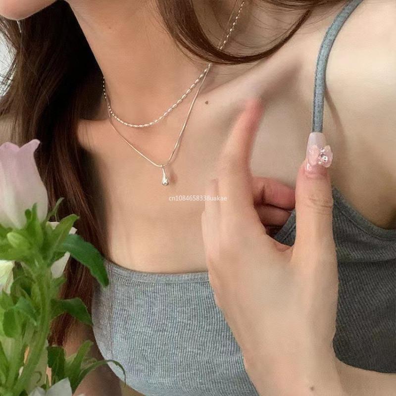 Silver Simple Design Drop Pendant Necklace for Women Double Collar Chain Fashion Fine Jewelry Gifts Long Layered Necklace