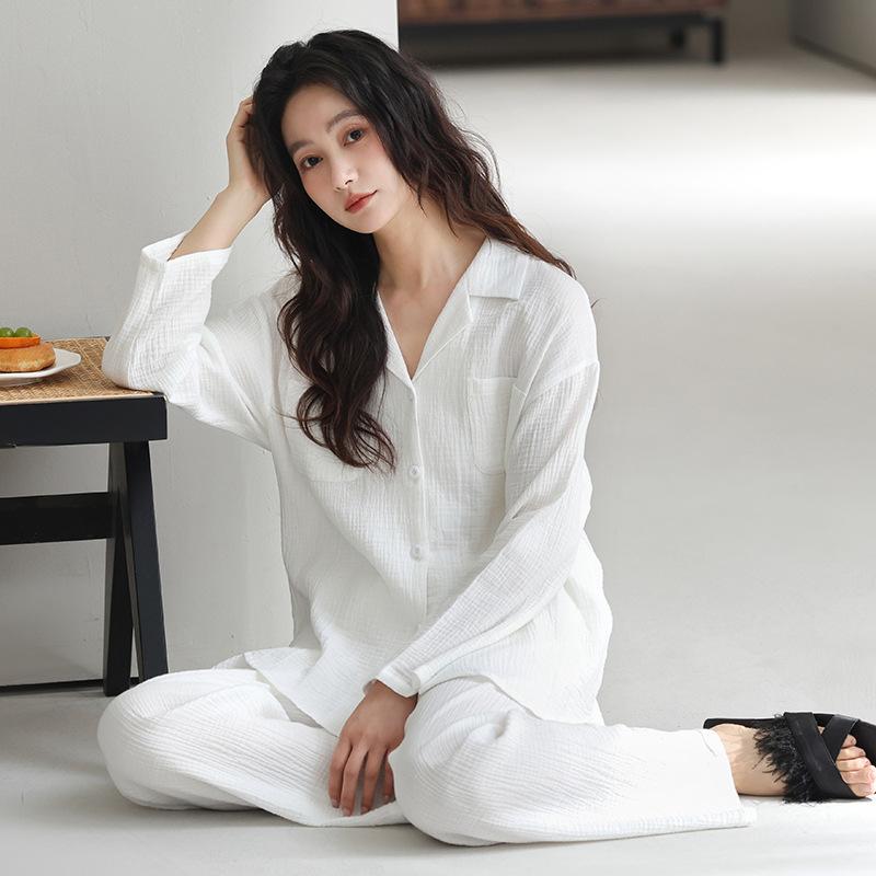 New pajamas women's spring, autumn and summer double-layer gauze pure cotton long-sleeved Korean version of high-end loungewear small man suit