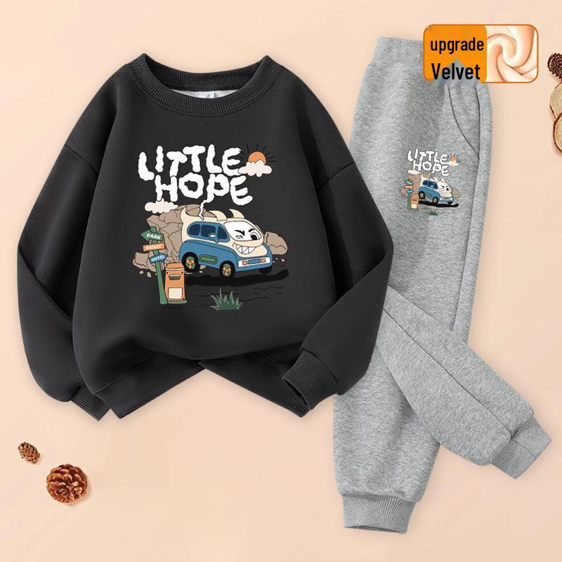 2025 Boys' Trendy Fleece-Lined Hoodie & Pants Sportswear Set for Spring & Autumn