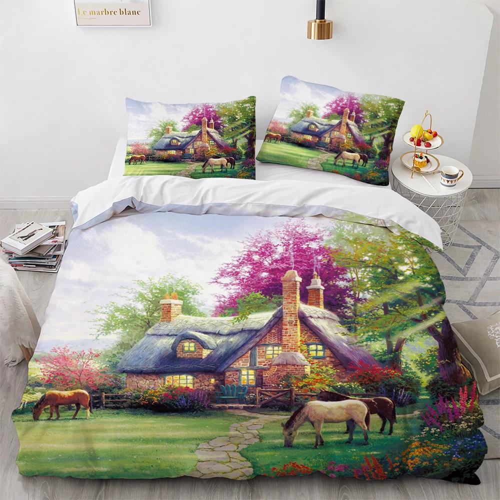 Set Biancheria da Letto Principessa dei Sogni Scenario PrimaverileFioriAlberoPittura a OlioCopripiuminoFedereSet Letto Retro Verde Romantico2 3 Pezzi