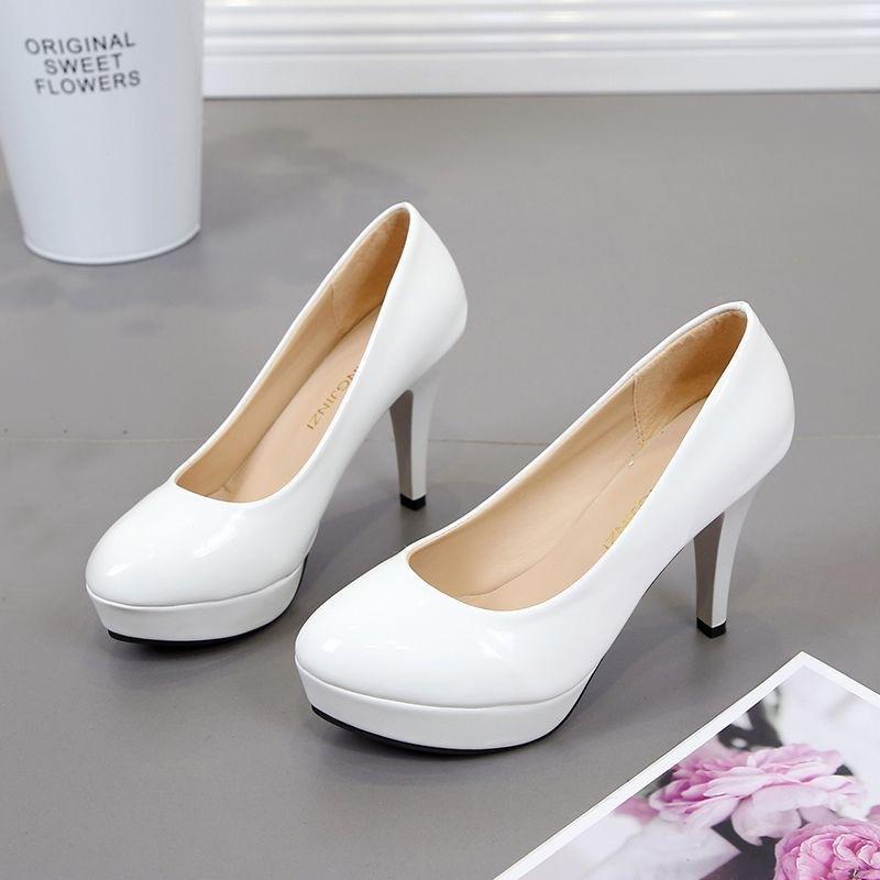 Spring and summer new super high heels shoes black waterproof patent leather light mouth round head waterproof table single shoes sexy and thin