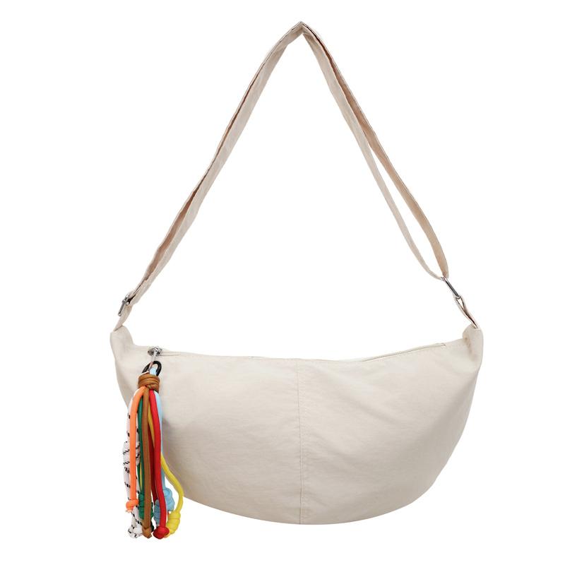 

Hot Sale Nylon Large Capacity Sling Bag Casual Crescent Crossbody Bag for Women Colorful Tassel Hobo Purse for Travel & Daily бежевый