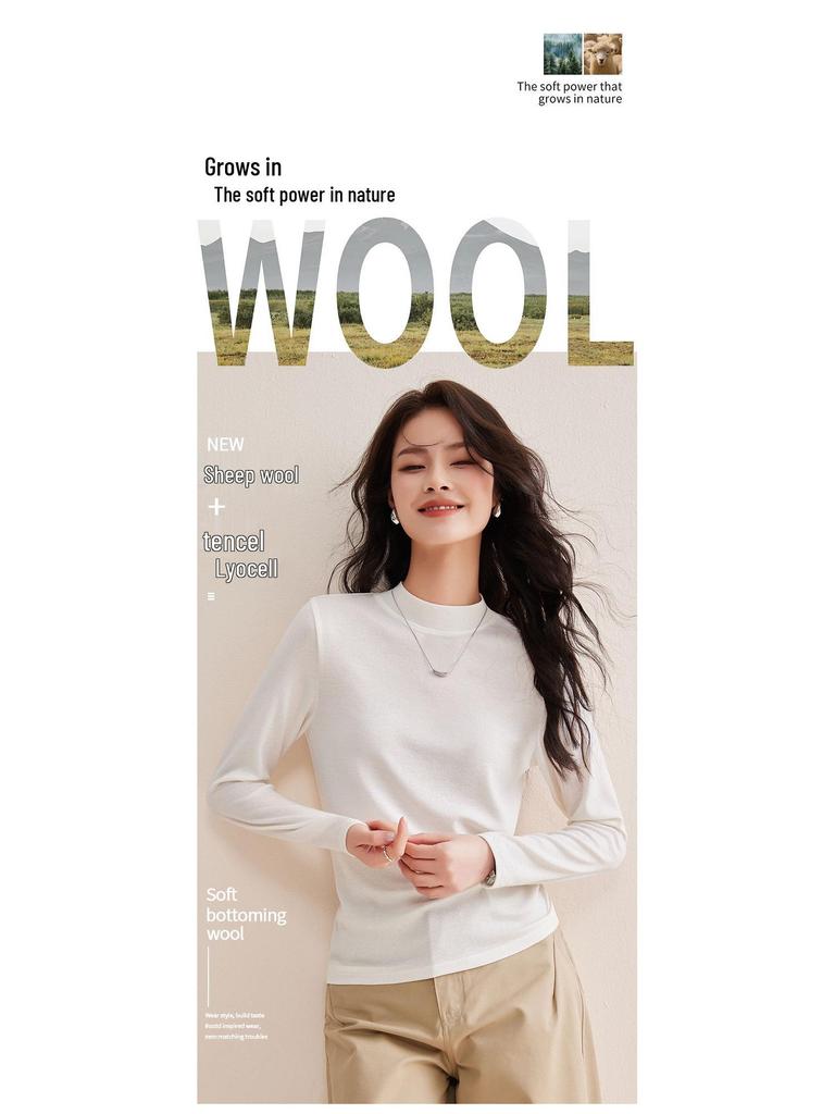 Women’s Tencel Wool Long Sleeve Stand Collar T-Shirt, Spring 2026, Thin White Base Layer, Set-in Shoulders