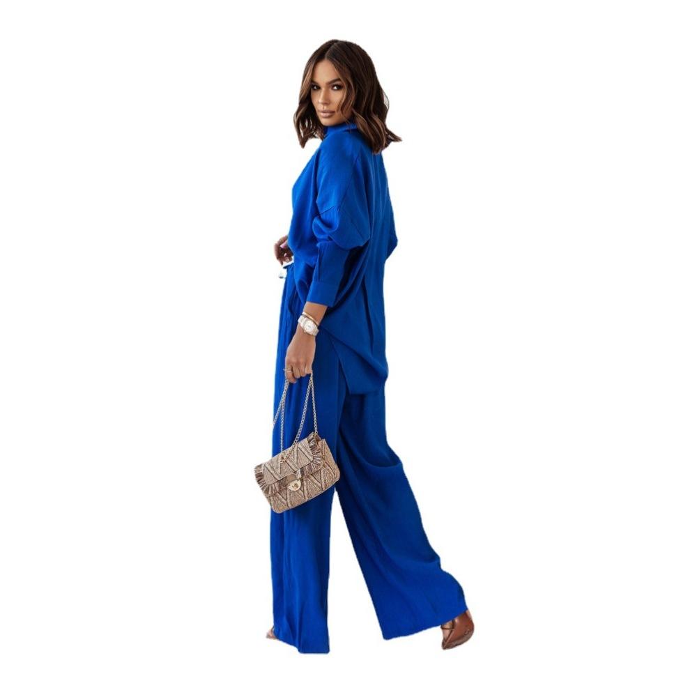 Women's 2-piece Casual Solid Color Loose Stretch Pleated Long-sleeved Shirt Wide-leg Pants