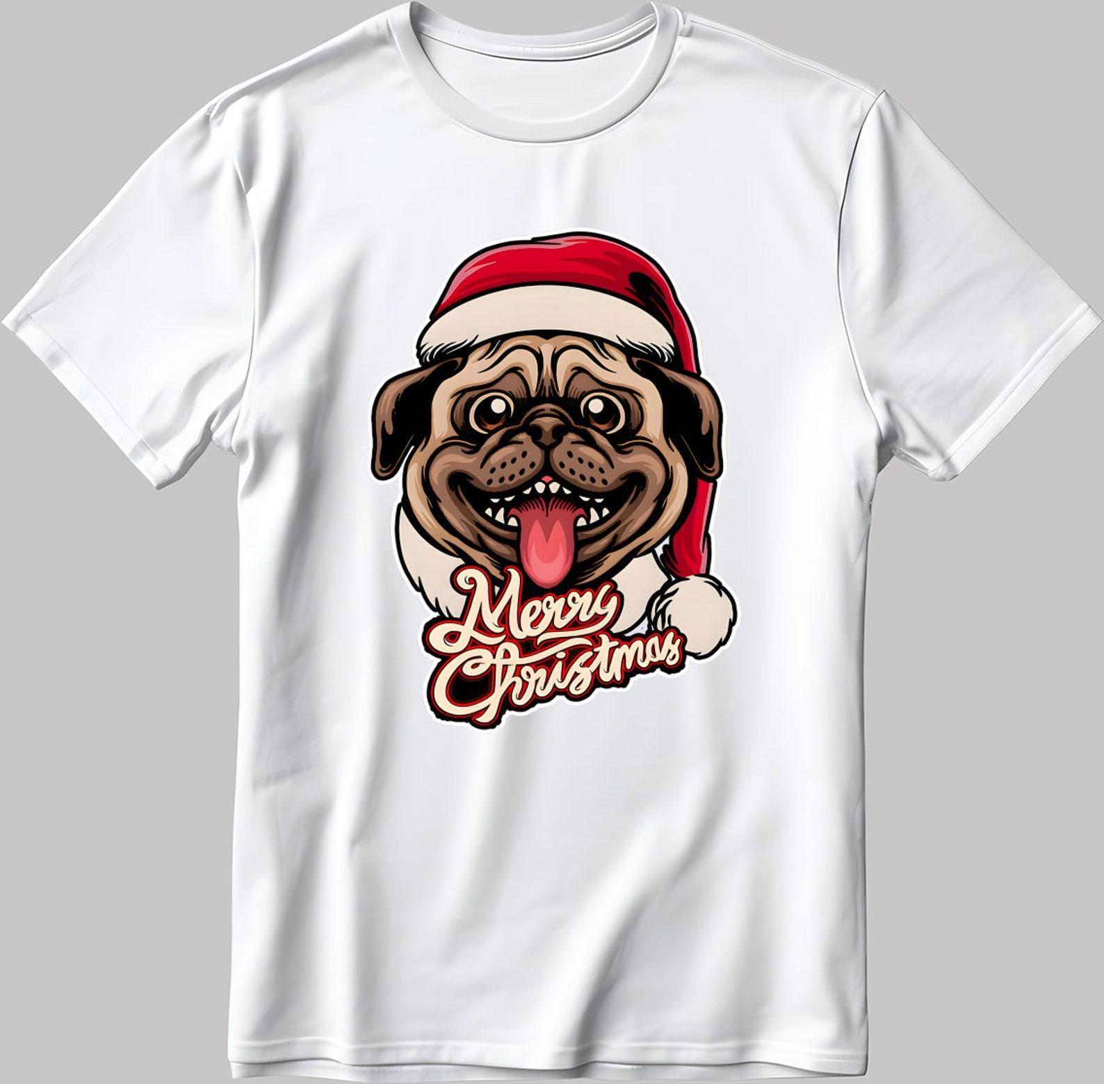 Smiling Pug Christmas T-Shirt: Santa Hat Dog Tee S