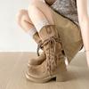 Queen Van Khaki retro v-mouth thick heel Martin boots women's 2025 new autumn thin pile medium boots