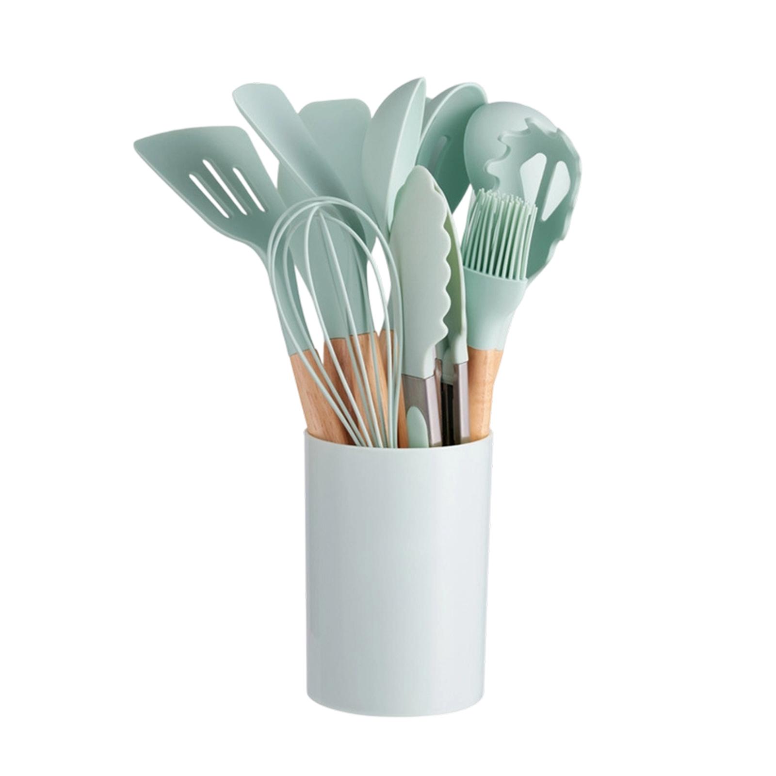 Kitchen Utensils Set 12 Pieces Nonstick Silicone Cooking Utensils Wood Handle Silicone Cooking Utensils Set With Holder Dishwasher Safe One Size