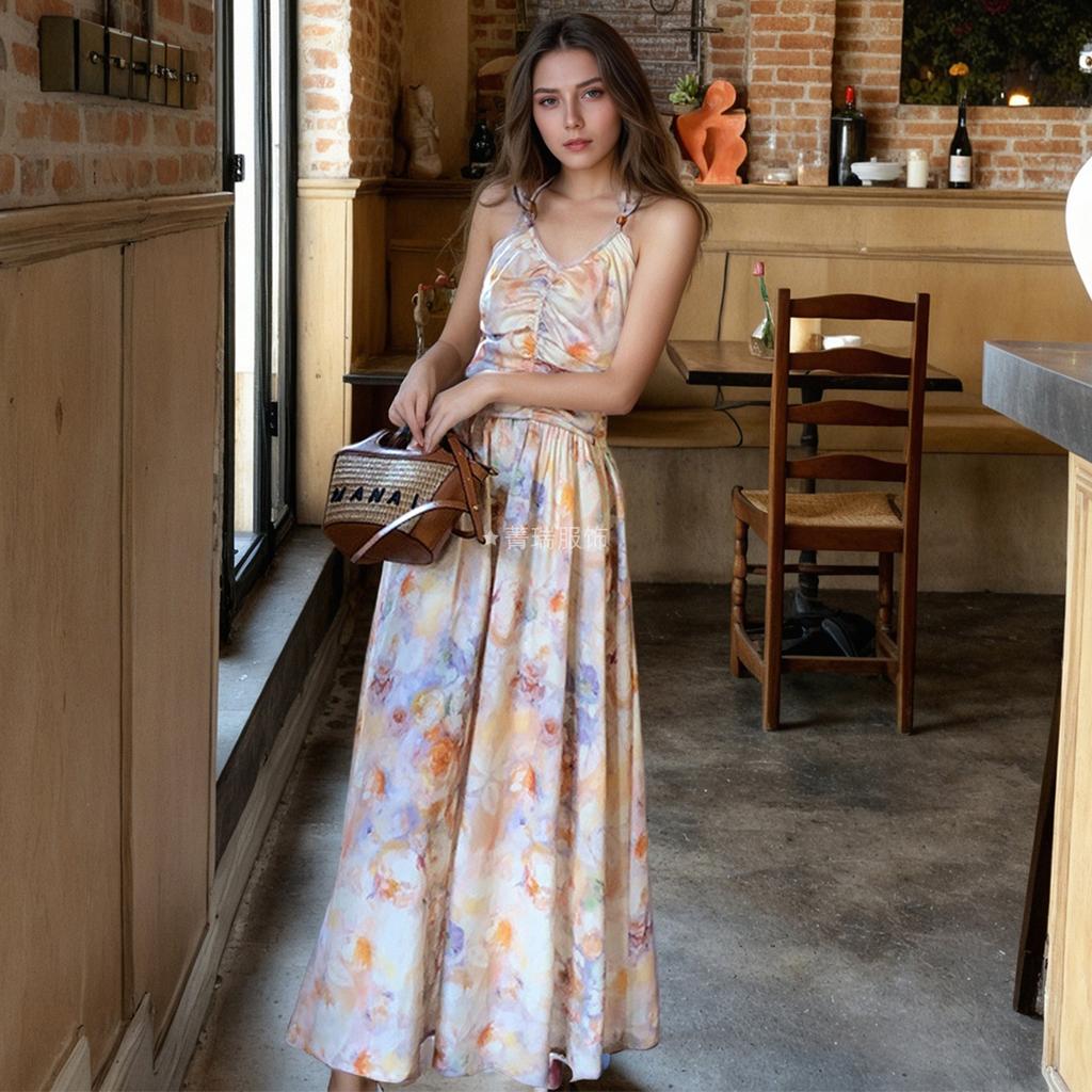 Women's Summer Vintage Oil Painting Print Holiday Style Halter Waist Halter Dress