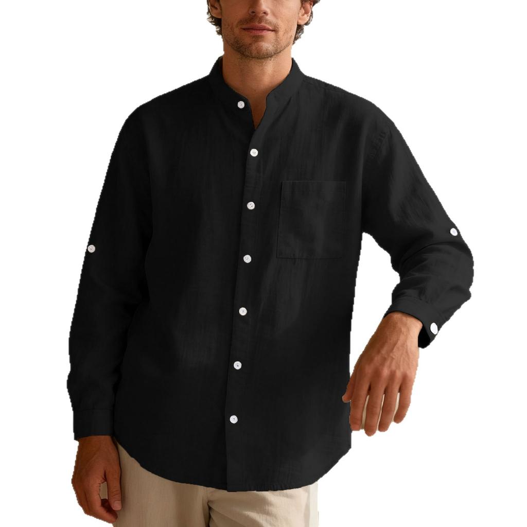 New Spring/Autumn Linen Long-Sleeved Men's Shirt Casual Beach Holiday Stand-Up Collar Commuter Shirt