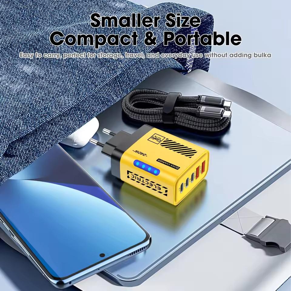 5 IN 1 GaN Desktop Charger For IPhone17 16Pro Laptop Samsung 240W Fast Charging Adapter USB C To Type-C Cable 3PD 2USB Charger