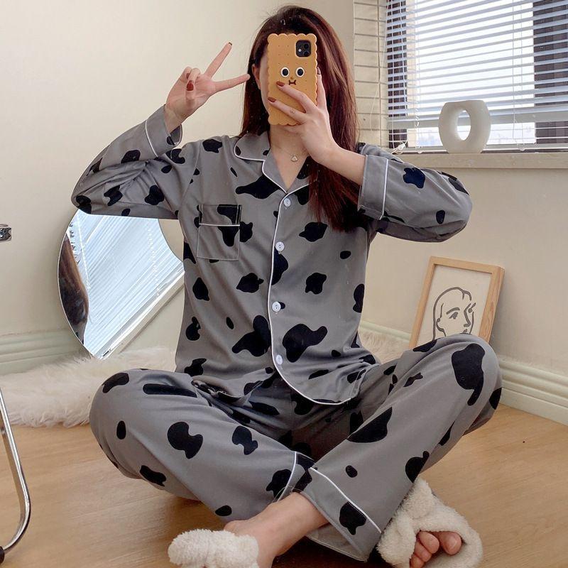 Womens Newpajamas Korean Cow Longsleeved Cardigan Pajamas Cotton Twopiece Set GreyCow,L
