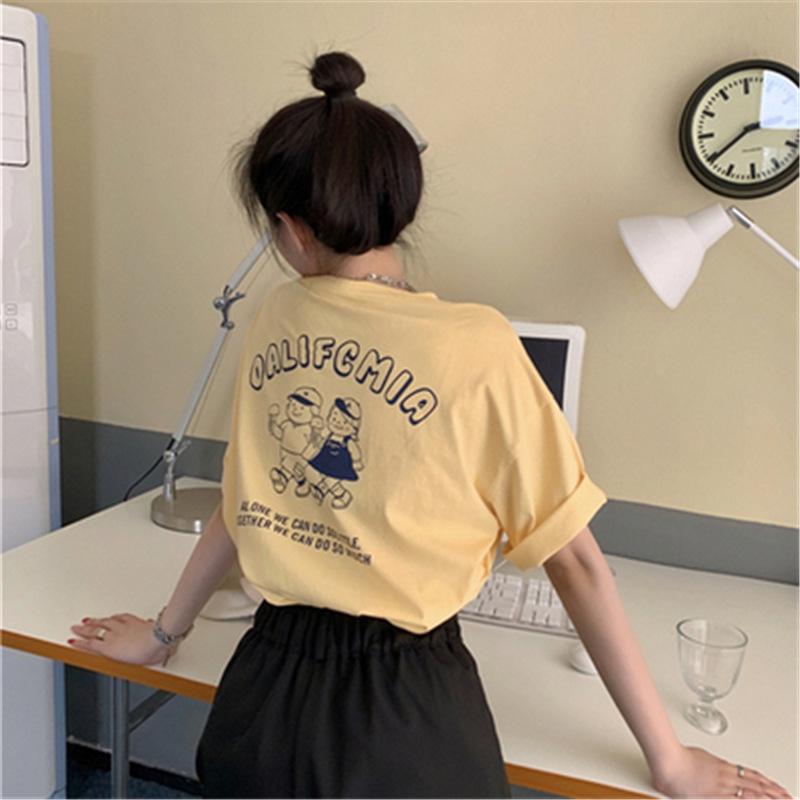 Women's Crew Neck Short Sleeve Graphic Tee Loose Casual Couple BFF Matching Top Cartoon Letter Print T-shirt