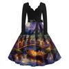 Women's V-Neck Long Sleeve Vintage Halloween Print Dress for Casual Everyday Wear