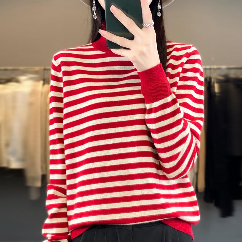 YYFS Women's Fashion Casual Stripe Print Autumn Winter Long Sleeve Half Turtleneck Sweaters