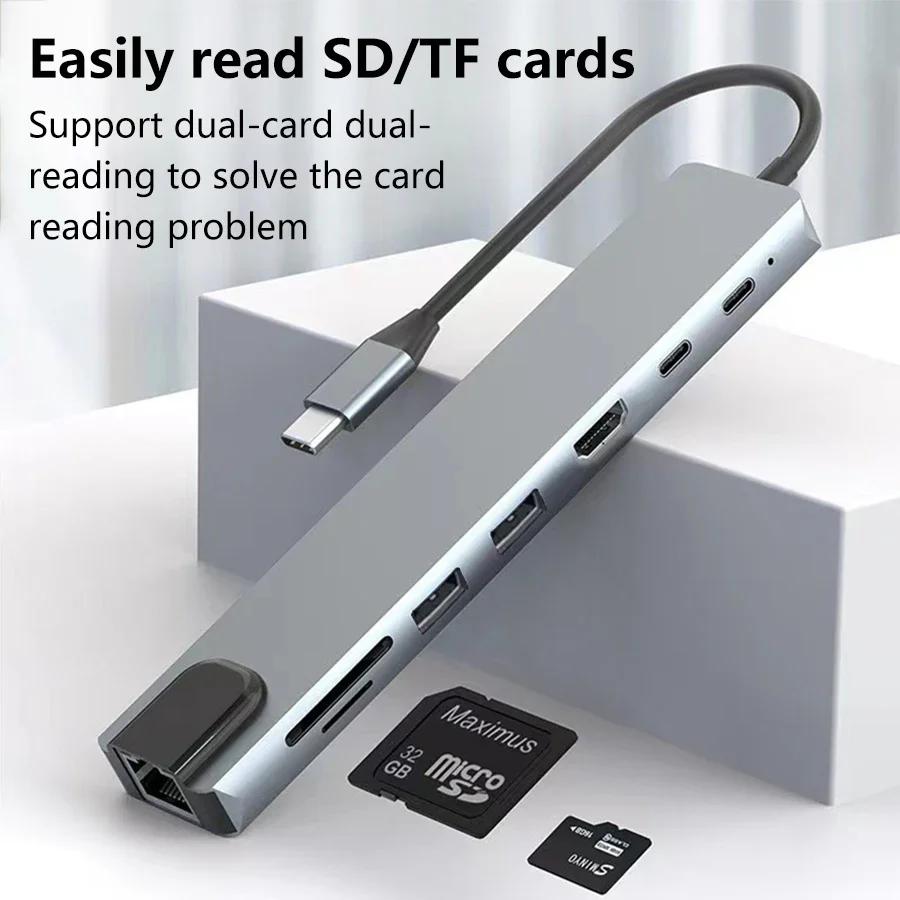 8 in 1 USB C HUB Type C Adapter with 4K HDMI 87W PD USB Docking Station Laptop Adapter RJ45 For MacBook Pro Air Laptop Pad
