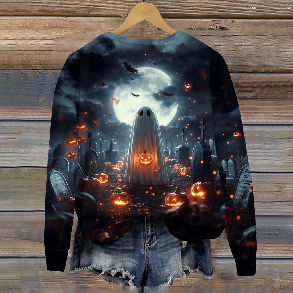 Women's Casual Long Sleeve Halloween Print Crewneck Sweatshirt