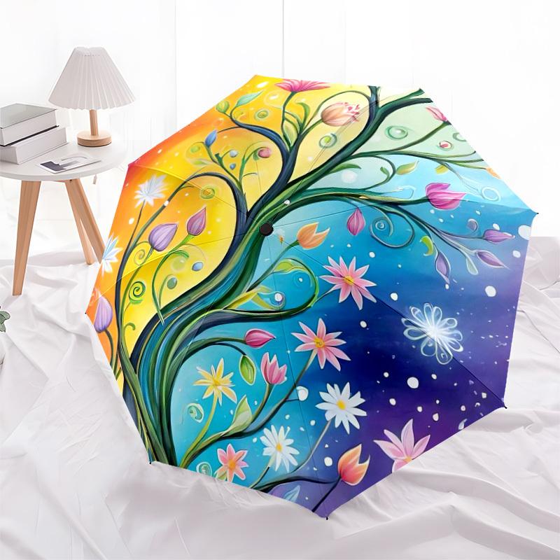 1pc Colorful Floral Tree Artwork Umbrella with Plastic Handle,Suitable for All Seasons Home Travel Outdoor UmbrellaDD278