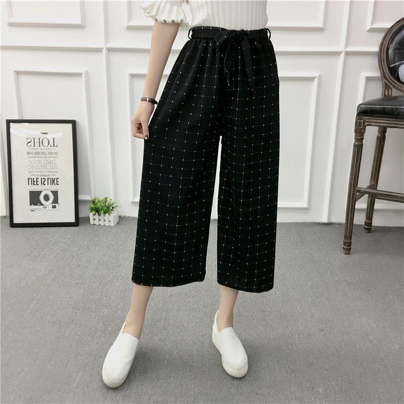 Women Wide Korean Leg High Waist Loose Baggy Casual Striped Crop Trousers Pants