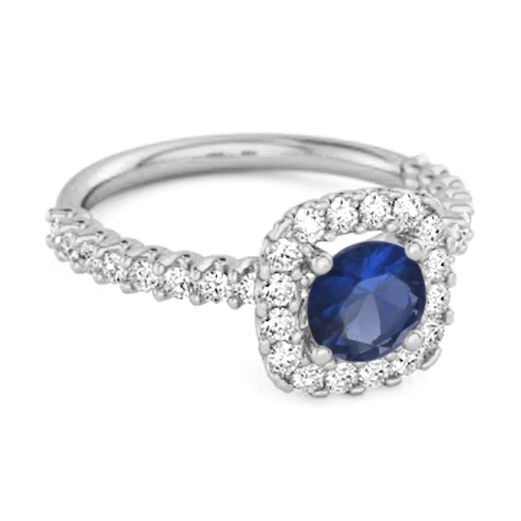 Blue Sapphire Round Cushion Halo Ring - 925   Sterling Silver