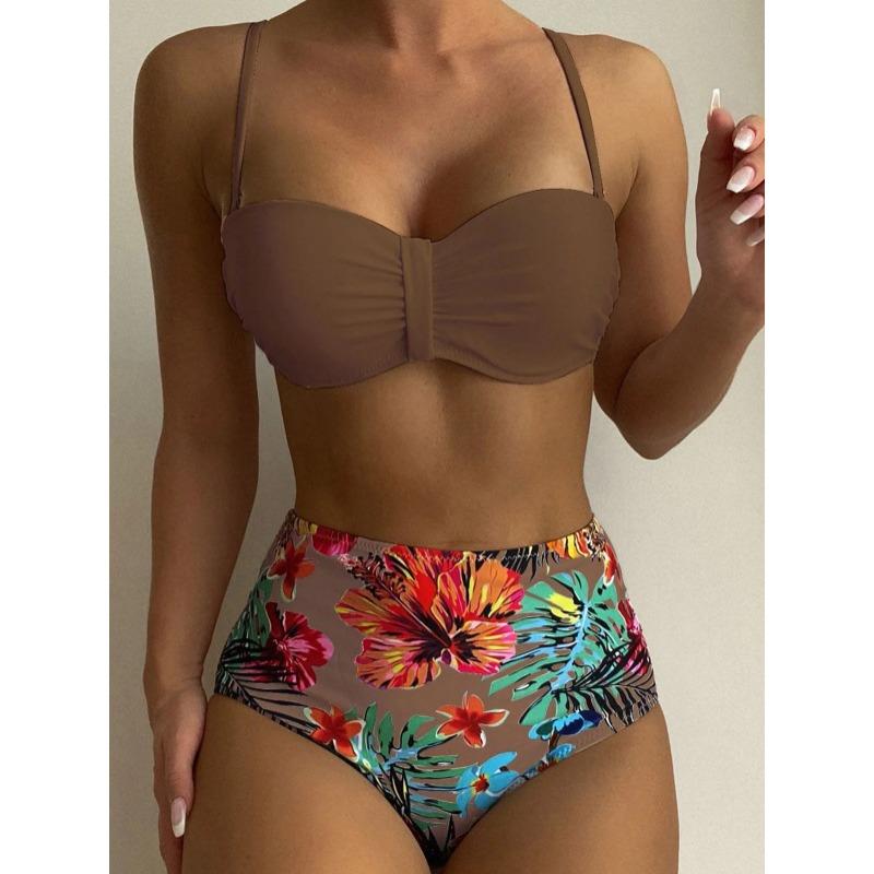 2Pcs/Set Women Bikini Set Pleated Bandeau Adjustable Straps Bra Briefs Set Solid Color High Waist Floral Swimwear Beachwear