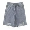 2022 Summer Trendy Women's High-Waisted Ripped Denim Shorts - Loose, Wide-Leg, Mid-Length
