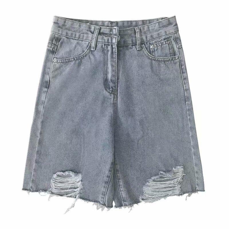 2022 Summer Trendy Women's High-Waisted Ripped Denim Shorts - Loose, Wide-Leg, Mid-Length