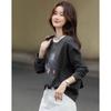 Demana 280G Thermal Velvet Warm Winter Korean Style Colorblock Crewneck Bear Print Petite Women's T-Shirt