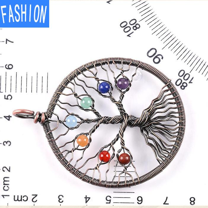 Antike rote Kupfer handgefertigte volle Wicklung sieben Chakren Naturstein Perlen Lebensbaum Glücksbaum Anhänger Halskette Yoga