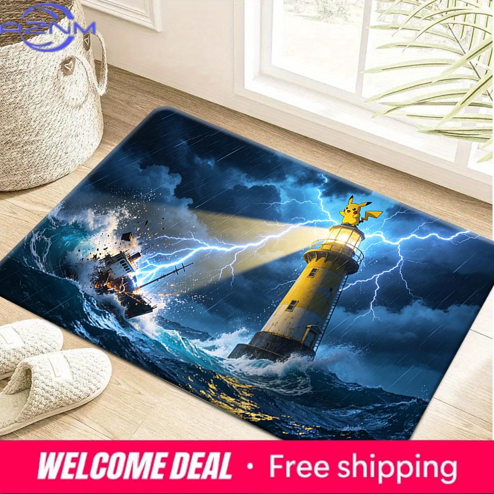 Pikachu on Lighthouse in Stormy Sea Print Non-Slip Doormat Soft Floor Mat 40cm by 60cm