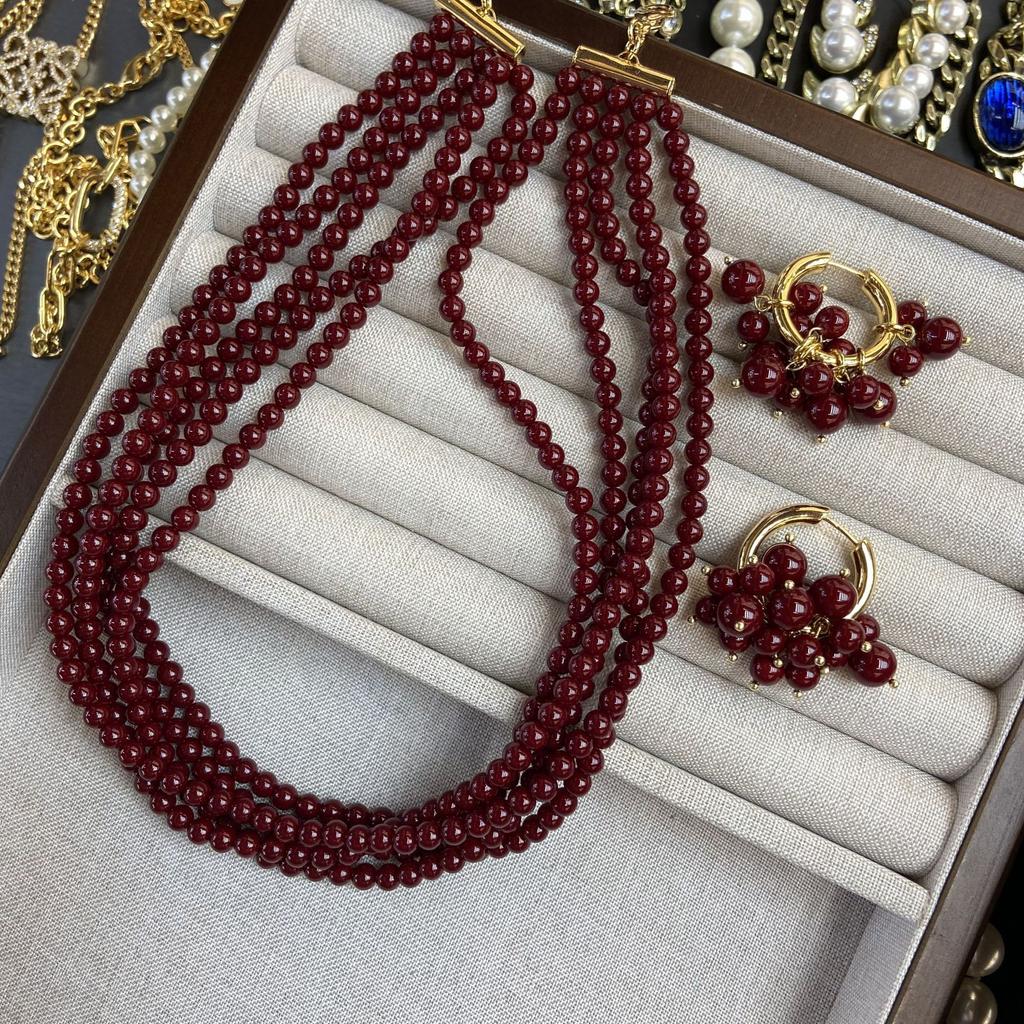 Exploding Fire Ankara Red Multi-Layer Wrap Necklace 5 Strings Side By Side Beaded Necklace Fashion Stack