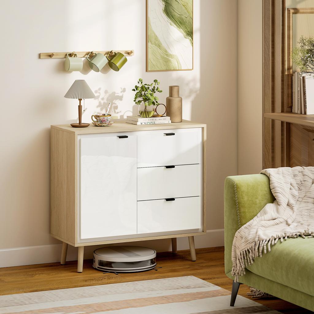 Sideboard, Door, 3 Drawers, Adjustable Shelf, 80 x 35 x 77 cm, White and Oak