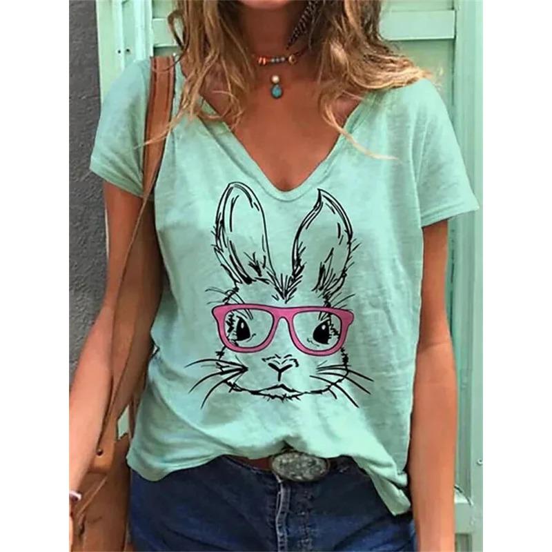 Summer New Casual Daily Versatile Pattern Rabbit 3D Printed Short Sleeved V-neck T-shirt