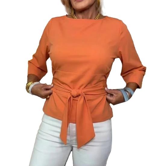 

Women Tops Slim Fit Waist Three-Quarter Sleeve Summer Tops Pure Color Round Neck Front Lace-Up Knot Design Shirt Tops XL