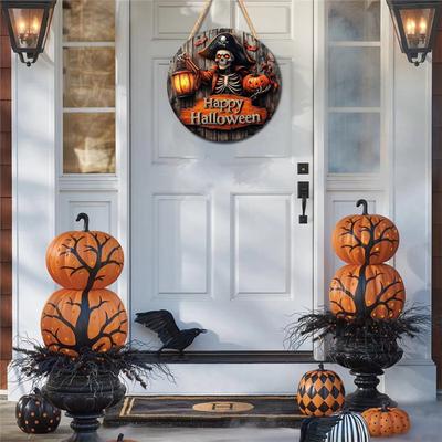 AB34-Panneau Halloween Citrouille Pour Porte d'Entrée Panneaux en Bois 2D Maison Hantée Capitaine Pirate Fantôme Blanc Décor Pour Jardin