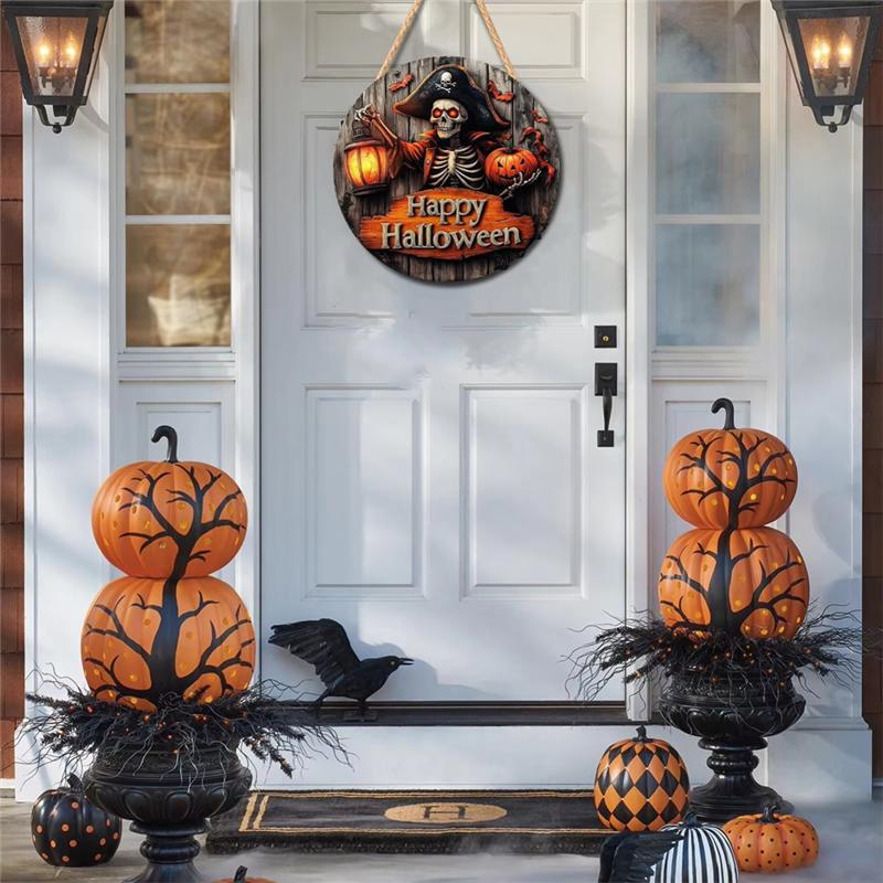 

A95I-Halloween White Ghost For Front Door Sign 2D Wood Design Pirate Captain Haunted House Pumpkin Decor For Yard Display