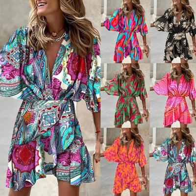 Frauen Sommer Casual Halbarm Tiefem V-ausschnitt Print Unregelmäßigen Einteiliges Kleid