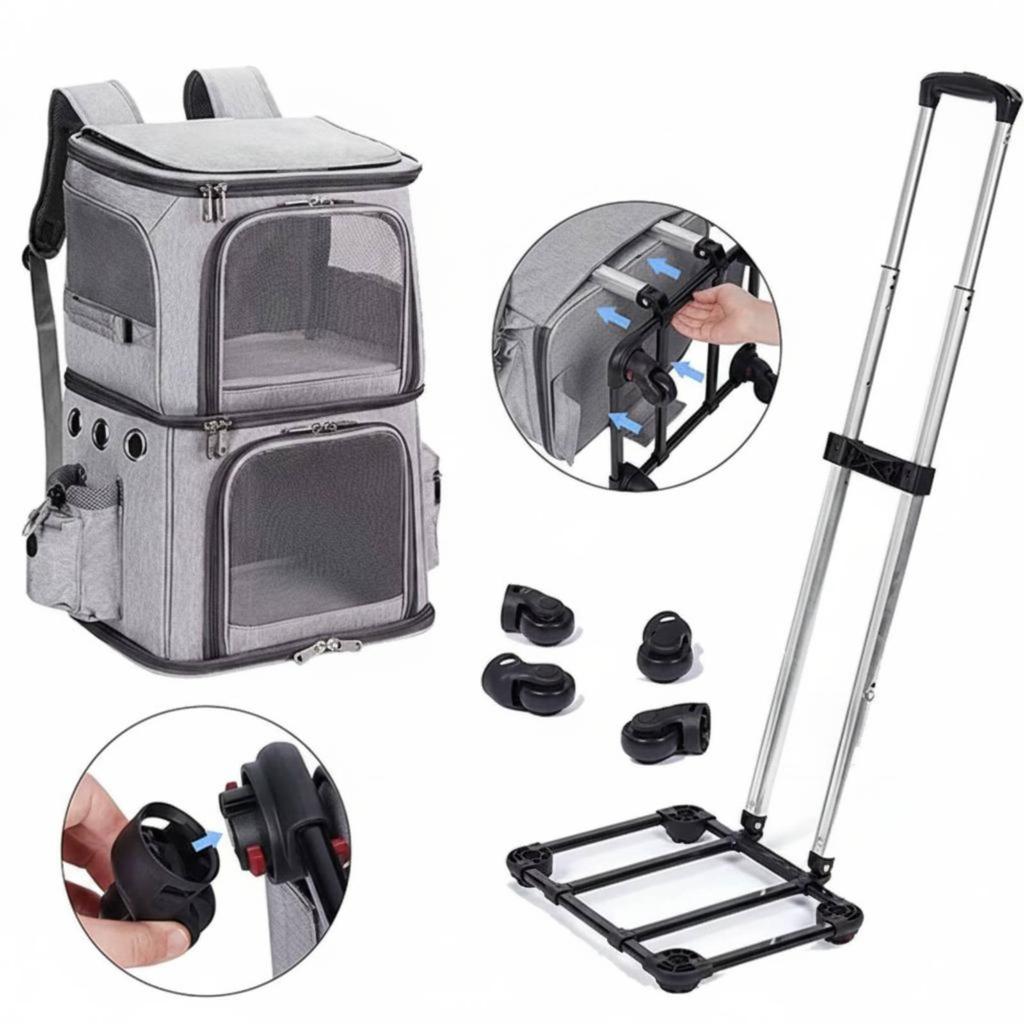 Double-Deck Pet Carrier Breathable Trolley Bag Telescopic Handle Cat Travel